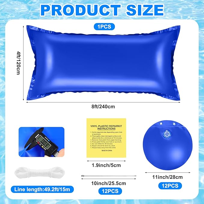 Hungdao 4ft Pool Pillow Cover for Above Ground with 12 Pcs Inflatable Pool Cover Weight with Hook Winter Ice Antifreezing Hanging Bag with Rope and Connection Buckle(Royal Blue,4x8 ft,Rectangle)