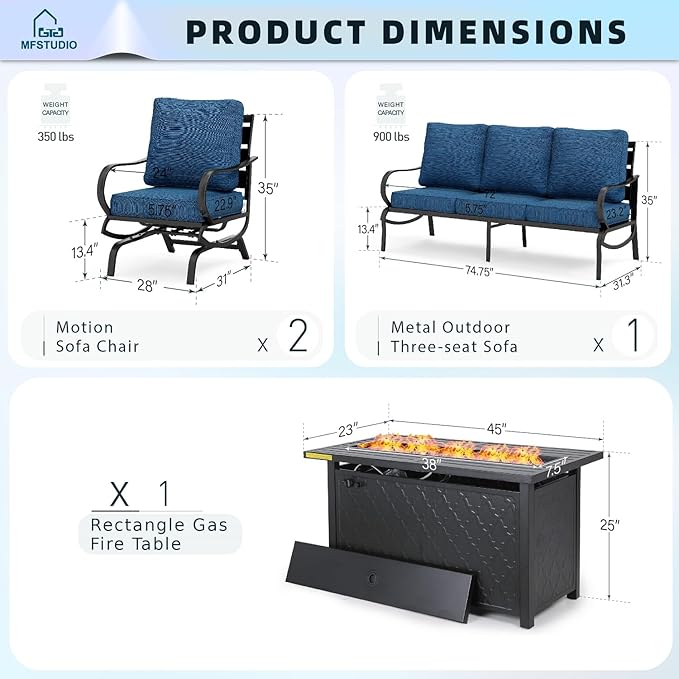 MFSTUDIO 4 Piece Patio Conversation Sets, All Weather Metal Frame Outdoor Furniture Set Patio Sofas with 1 x 45 Rectangular Fire Pit Table, 1 x 3-Seat Sofa, 2 x Rocking Chairs, Peacock Blue Cushion