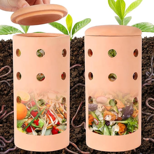 2pcs Underground Compost Bin 10 * 4.13 * 4.13Inch Garden Worm Farm Outdoor for Organic Refuse Red Pottery Ceramics Compost Bin with Holes and Lid Clay for Garden