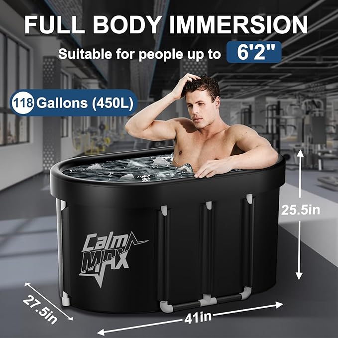 CalmMax Oval Ice Bath Tub with Cover for Athletes XL Portable Cold Plunge Tub - 130 Gal Capacity for Cold Water Therapy Ice Baths at Home Outdoor Gym 41IN