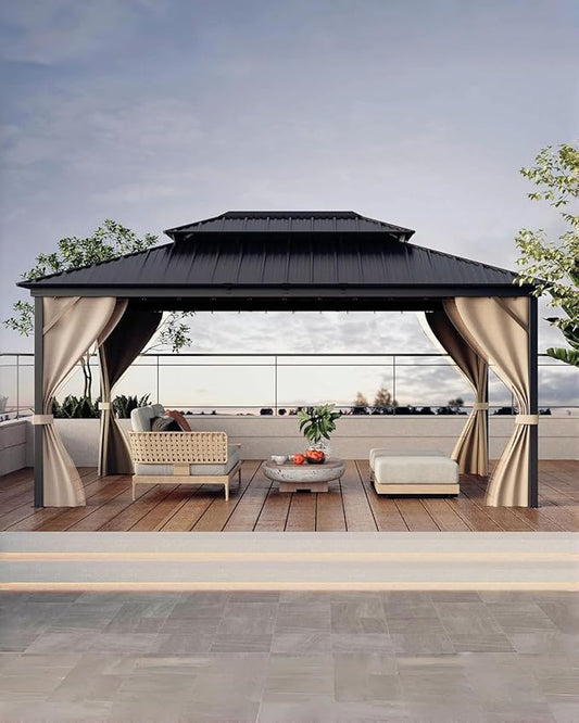 12'x16' Hardtop Gazebo - Aluminum Frame Permanent Pavilion with Curtains and Netting, Outdoor Double Metal Roof, Heavy Duty Poles for Patio, Deck, Backyard, Lawn, Garden