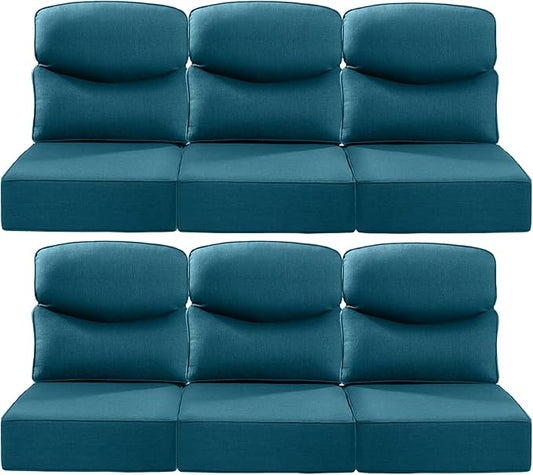 Luxury 22x24/22x25 6-Inch Smile Patio Cushions for Outdoor Furniture Set of 6 - Thick Back & Deep Seat Outside Chair Cushions for Rattan Metal Glider Loveseat Sectional Sofa - Peacock Blue