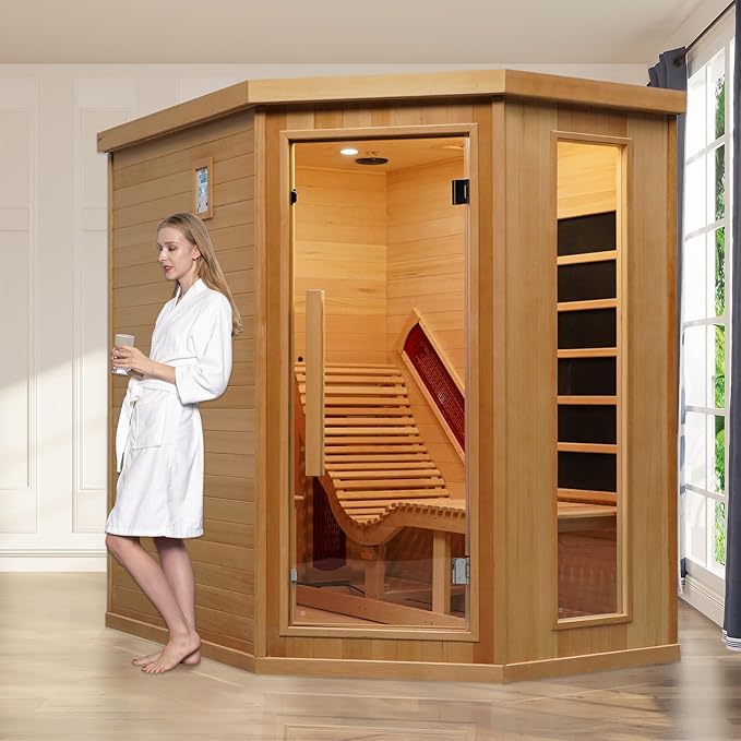 Smartmak Far Infrared Sauna Room with Recliner, 1 Person Indoor Canadian Hemlock Sauna Room, Carbon Crystal Heating Panel and Heating Tubes, 7 Color Light, Oxygen Bar, Bluetooth Speaker (220V, 2300W)