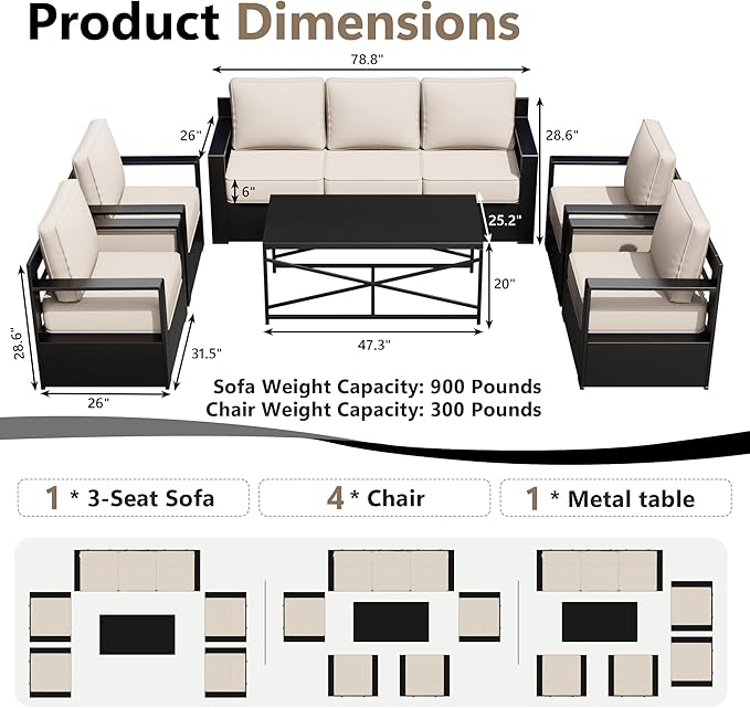 Outdoor Patio Furniture Set, 6-Piece Aluminum Patio Conversation Set All-Weather Metal Outdoor Sectional with 6 Inch Thick Cushions, Deep Setting for Garden, Outside and Porch