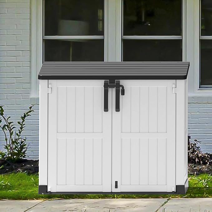 KAMABOKO Outdoor Storage Cabinet 36 Cu.Ft Outdoor Trash Can Storage Shed Waterproof Horizontal Storage Shed Outdoor Storage for Backyard, Patio, Poolside (White)