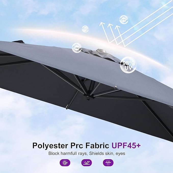 PURPLE LEAF 8' X 8' Patio Umbrella with Wheeled Base for Pool 7' High Offset Outdoor Cantilever Umbrella Swimming Pool Umbrella with 360°Rotation for Poolside Light Grey