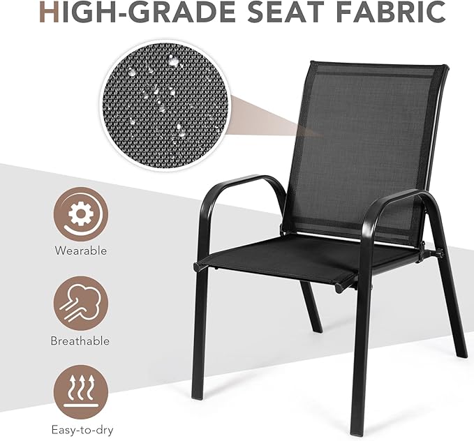 Tangkula 4 Piece Patio Dining Chairs, Outdoor Bistro Chairs W/Curved Armrests, Easy-to-Dry Fabric, Reinforced Steel Frame, Wide & Comfortable Camping Chairs for Garden, Poolside, Backyard (2, Black)