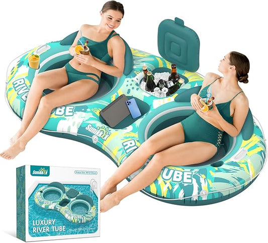 5-in-1 Pool Floats Adult Heavy Duty River Tube, 2 Person Water Lounge with Backrests, Built-in Cooler, Cup Holders, Deluxe Pool Float for Summer Relaxation