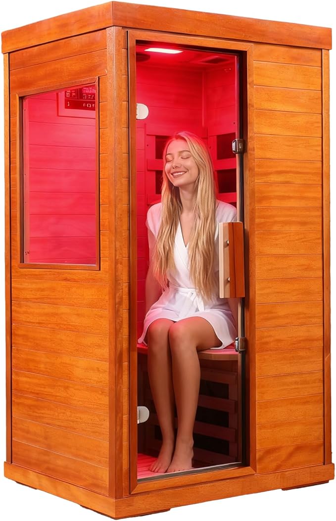 Far Infrared Sauna 1120W 110V, Low EMF Infrared Sauna with Red Light Therapy, Carbon Fiber Infrared Saunas 1 Person W/Bluetooth Speakers/Control Panel for Basement/Home Gym/Bathroom