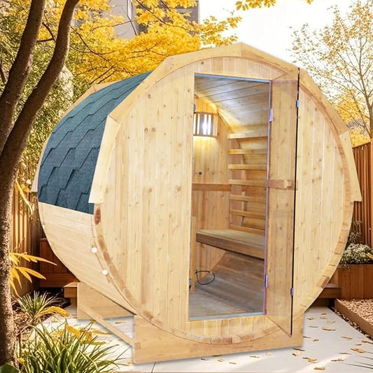 Outdoor Barrel Sauna 4 Person Traditional Steam Sauna 220V Wood Personal Spa Room with 4.5KW Heater Thermometer Hourglass Cup Holders 59''x74.21"x75.85"