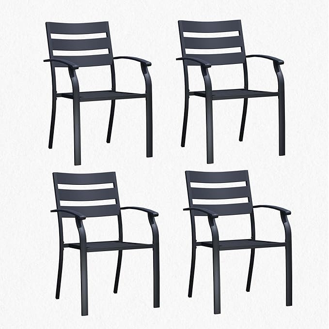 Patio Dining Chairs Set of 4, Black Stackable Outdoor Dining Chairs with Armrest and Wide Back, Wrought Iron Patio Furniture Chairs for Lawn, Backyard, Garden & Deck, Supports 300 LBS