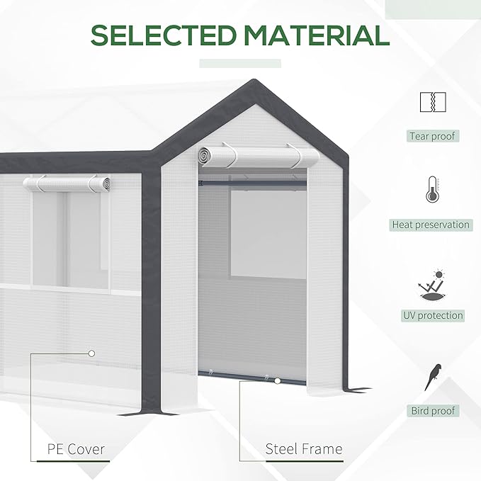 Outsunny 10' x 7' x 7' Greenhouse, Walk-in Outdoor Tunnel Green House with PE Cover, Steel Frame, 2 Roll-Up Zipper Doors & 4 Windows for Flowers, Vegetables, Tropical Plants, White