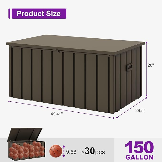 PURPLE LEAF Outdoor Deck Box 150 Gallon Waterproof Lockable Storage Box Container with Lid Deck Organization for Patio Cushions Side Table Pool Accessories Garden Tools, Brown