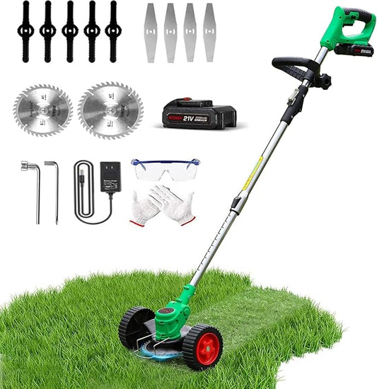 21V Cordless Grass Trimmer, Electric String Weed Wacker with 2.0Ah Lithium Battery, Telescopic Handle, 40 Min Runtime, 18000 RPM, Low Noise 92dB (Green)