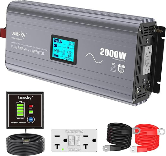 2000 Watt Pure Sine Wave Inverter 12V DC to 110V 120V AC Built-in UL Fuses FCC Approved with 20A UL Approved GFCI Outlets and 15FT Remote Control for Car Home RVs Truck Off-Grid Solar Power LEESKY
