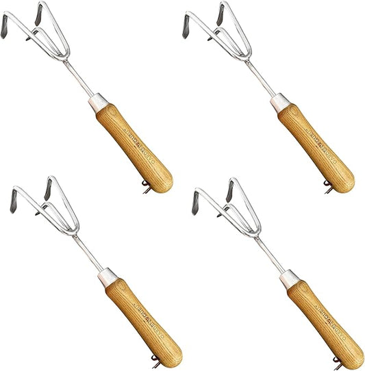 Garden Guru Eco Hand Cultivator Rake Tiller Tool- 100% Recycled Stainless Steel - Rust Resistant - FSC Certified Wood Ergonomic Handle - Great for Gardening Cultivating Loosening Weeding (4 Pack)