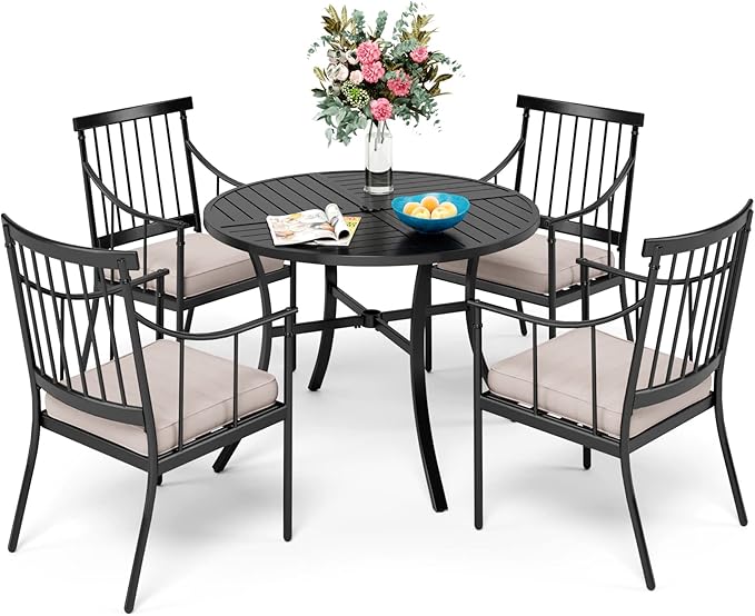 Sophia & William 5 Pieces Patio Dining Set with 4 Metal Armchairs and Round Dining Table, Outdoor Conversation Armchairs Furniture with Seat Cushions and 1.57" Umbrella Hole for Porch Backyard Balcony