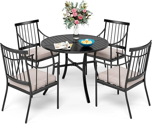 Sophia & William 5 Pieces Patio Dining Set with 4 Metal Armchairs and Round Dining Table, Outdoor Conversation Armchairs Furniture with Seat Cushions and 1.57" Umbrella Hole for Porch Backyard Balcony