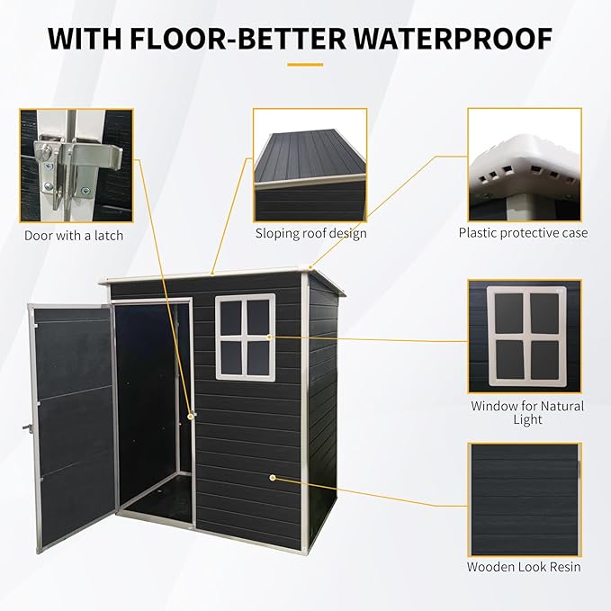 JT 5×3ft Resin Outdoor Storage Shed,Outdoor Storage Shed with Floor & Window to Store Patio Furniture, Garden Tools Bike Accessories, Beach Chairs and Lawn Mower. (Black, 5ft*3ft)