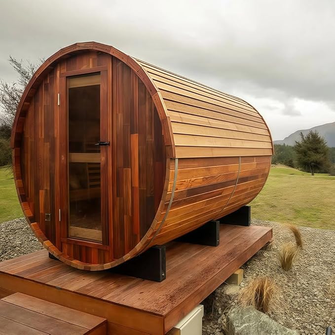 Outdoor Panoramic Sauna, 15KW Wood Burning Saunas Stove, Canadian Red Cedar Barrel Sauna 6 Person, Triple Waterproofing System, Steel Fireplace, Wood Tiles(0-195℉)