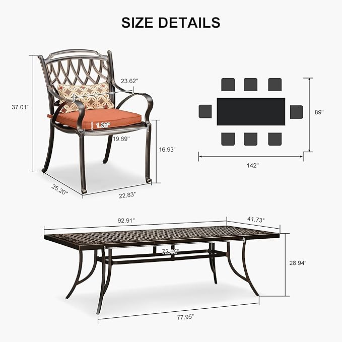 PURPLE LEAF 9 Pieces Patio Dining Sets Cast Aluminum Furniture with Rectangular Table for Lawn Garden Backyard Deck Outdoor Dining Sets with Cushions and Pillows, Rhombic Brick Red