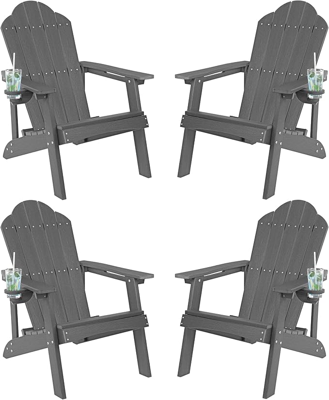 LUE BONA HDPE Adirondack Chairs Set of 4,Plastic Adirondack Chairs with Cup Holder Weather Resistant for Outdoor, Patio, Lawn, Garden, Backyard Deck, Fire Pit, Dark Gray