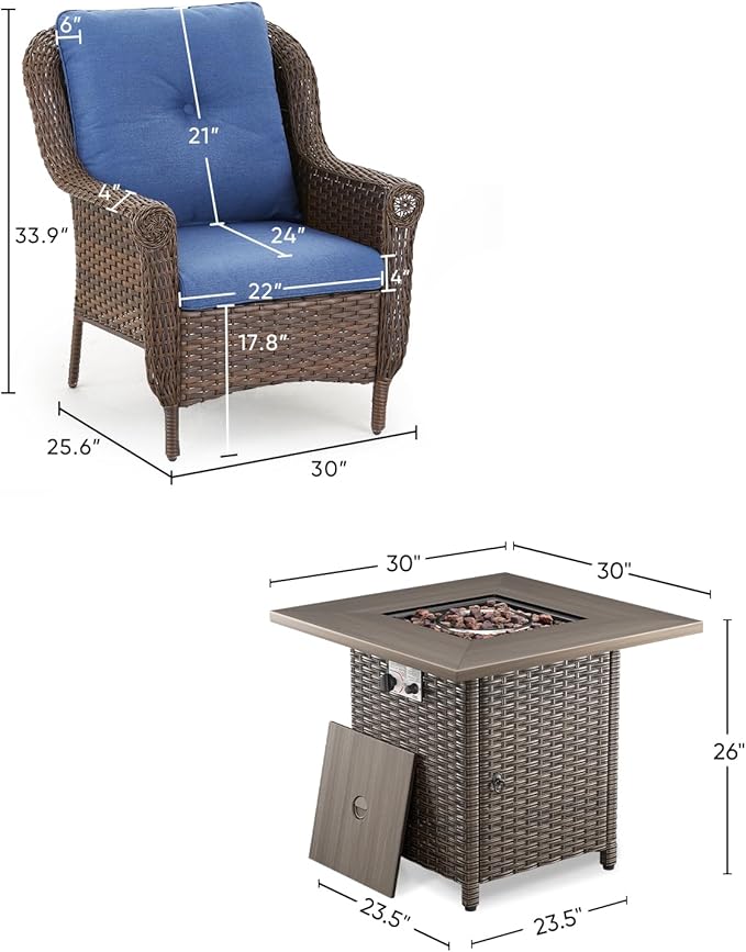 Outdoor Patio Chairs with Fire Pit Table 5 Piece Set - High Back Brown Wicker Rattan Lawn Chair with Thick Cushion for Porch Apartment Deck Yard Poolside Garden - Navy Blue