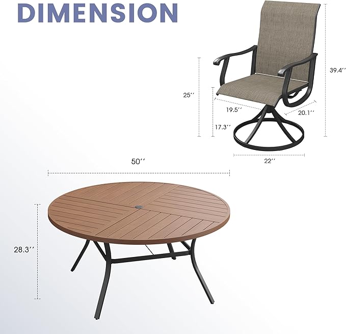 VICLLAX 7 Pieces Outdoor Dining Set, Patio Furniture Set of 6 Patio Swivel Dining Chairs and 50" Patio Spliced Round Tabletop, Mixed Brown Chairs & Walnut Tabletop