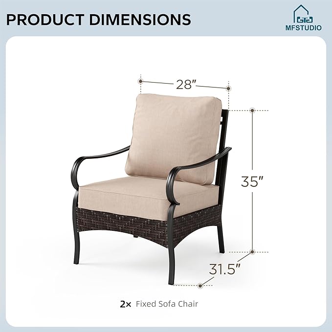 MFSTUDIO Outdoor Patio Furniture Set, Rattan Wicker Patio Sofa Chair, Metal Outdoor Conversation Set, 2 x Fixed Sofa Chair for Outside Garden Backyard