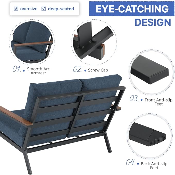 Soleil Jardin Aluminum Patio Furniture Loveseat, Outdoor 2 Seats Sofa Couch with FSC Certified Solid Wood Top, Outdoor Conversation Set Deep Seating Loveseat w/Removable Cushion, Denim Blue