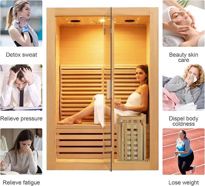 ZONEMEL Wooden Steam Sauna Room, 2 Person Canadian Hemlock Luxurious Indoor Sauna with 3.5 KW Harvia Stove Heater, Bluetooth Speaker, Sauna Stone, Wooden Bucket, Scoop, Reading Light, Hourglass,220V