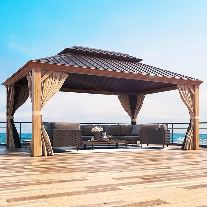 MELLCOM 12'x16' Hardtop Gazebo, Wood Grain Aluminum Frame Outdoor Gazebo with Double Galvanized Steel Roof, Permanent Metal Pavilion with Curtains and Nettings for Patio, Backyard, Deck and Lawns