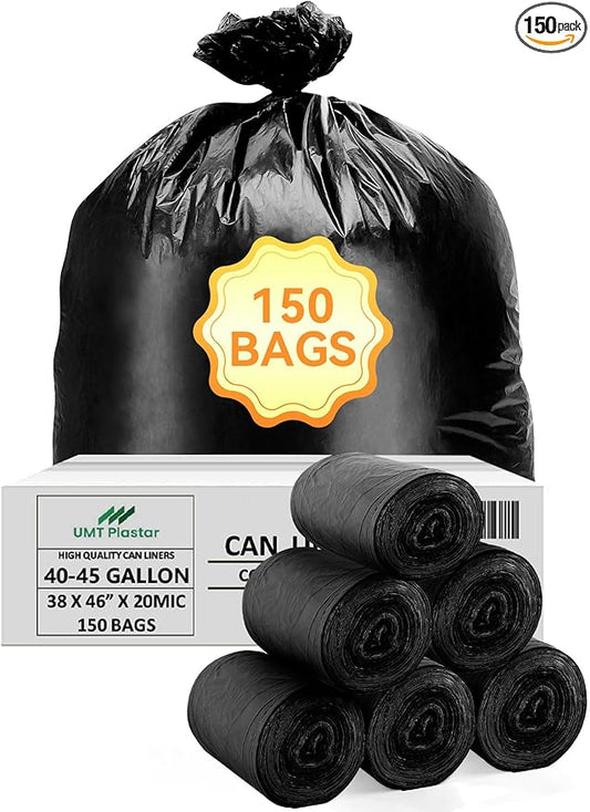 150 Count Heavy Duty Black Trash Bags, 40-45 Gallon, 38x46 Inches, 20 Micron Thick Large Garbage Bags