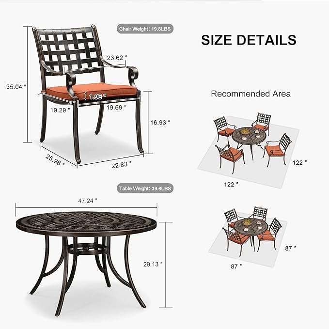 PURPLE LEAF Patio Dining Set Cast Aluminum 5-Piece Patio Furniture Set with 4 Dining Armchairs and 47" Round Table, 4 Cushions Included, for Lawn Yard Garden, Lattice Brick Red Outdoor Dining Set