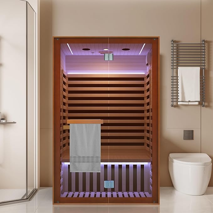 RIGO Sauna Infrared Far Infrared Sauna for Home Sauna 2 Person with Hemlock Wood Dry Sauna for Home Infrared Sauna 2 Person Low EMF Indoor Sauna for Two Person in Home Sauna 1950W with Speakers