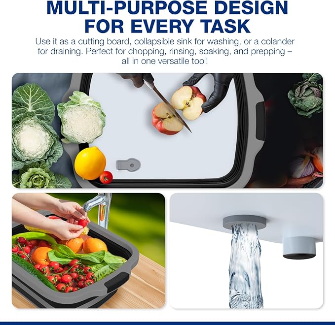 2-Pack XL Collapsible BBQ Prep Tub with Built-In Cutting Board, Lid & Strainer – Marinate, Drain & Prep – Large Food-Safe Container – Perfect for Grilling, Smoking & Outdoor Cooking (Black)