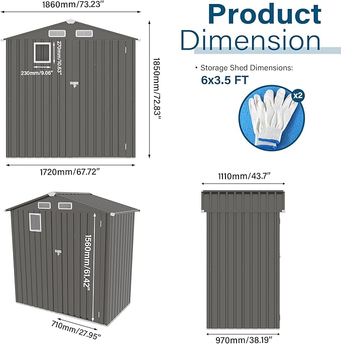 6X3.5 FT Metal Outdoor Storage Shed, Tool Shed with Peaked Roof Watertight w/Window and Lockable Door Compact Metal Tool Room for Garden, Backyard, Patio, Sundries and Bike Storage, Gray