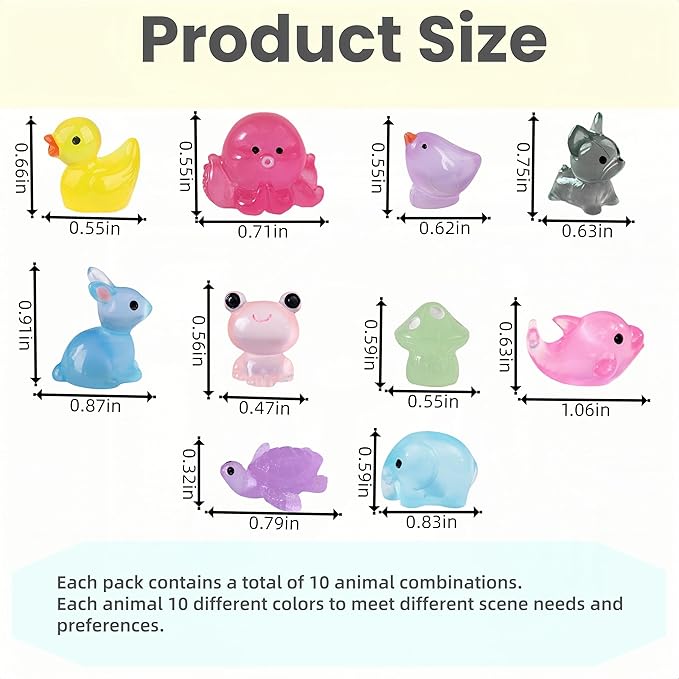 100 Pcs Luminous Mini Resin Animals, Tiny Miniature Sea Animal Figurines Glow in Dark for Crafts Landscape Miniature Garden Decor Accessories, Small Duck Frog Dog Turtle 10 Combinations to Hide Bulk
