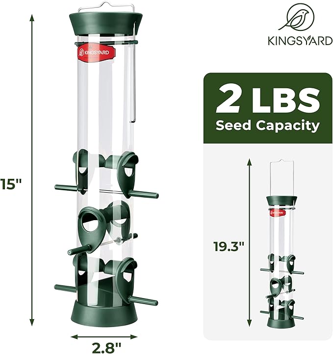 Kingsyard 6 Ports Tube Bird Feeder for Outdoors Hanging, Removable Base and Perch, Easy to Clean & Refill, Premium Hard Plastic, Attracting for Finches Cardinals Bluebirds (Green)