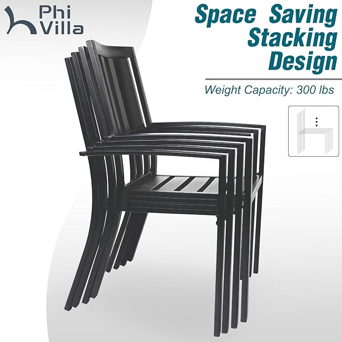 PHI VILLA 5 Piece Outdoor Dining Set for 4, 37” Metal Steel Dining Table with Wood-Like Tabletop & Stacking Wrought Iron Chairs for Patio, Deck, Yard