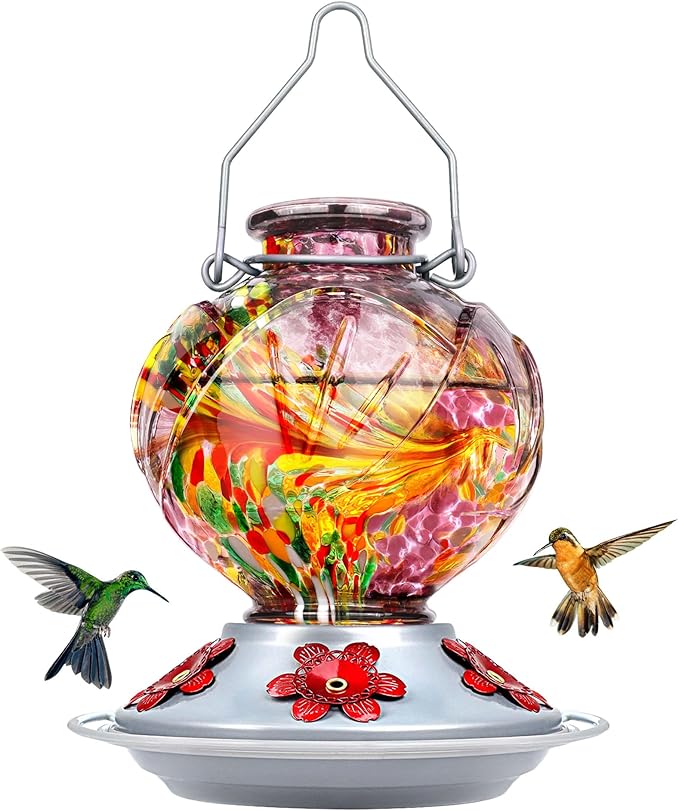 BOLITE Hummingbird Feeder, Hand Blown Glass Hummingbird Feeders for Outdoors Hanging, with Ant Moat and 5 Feeding Ports, 22 Ounces, Peony Flower Shape, Purple, Gifts for Women Men, Gifts for Mom Dad