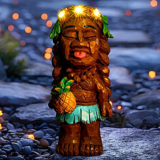 Solar Tiki Girl Garden Statues Tiki Lady Holding Pineapple Figurine with Flower LED Lights Bar Patio Porch Yard Outdoor Decorations Christmas Thanksgiving Birthday Gardening Gift for Mom Women