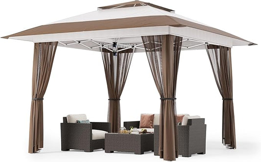 Bealife 13x13 Pop Up Gazebo Tent with Mosquito Netting, Outoor Canopy Tent with 4 Sandbags, 8 Stakes, 4 Ropes, Roller Bag, Pop Up Canopy for Lawn Backyard Garden Deck (Beige, 13x13)
