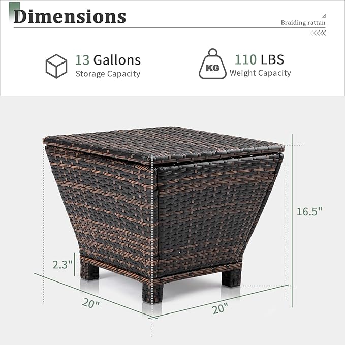 VINGLI 13 Gallon Outdoor Deck Box, Wicker Outdoor Storage Box with Lid, Small Storage Bin Container for Outside and Patio, Patio Rattan Side Table for Yard Porch (Brown, Trapezoidal)