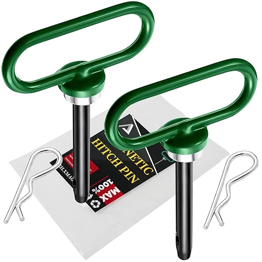 2 Packs Magnetic Hitch Pin, Lawn Mower Trailer Hitch Pins 1/2 Inch with Handle and Clip, Trailer Gate Pin for Mowers, Tractor Truck, Towing Cargo, ATV - Simple One Handed Hook On & Off（Green