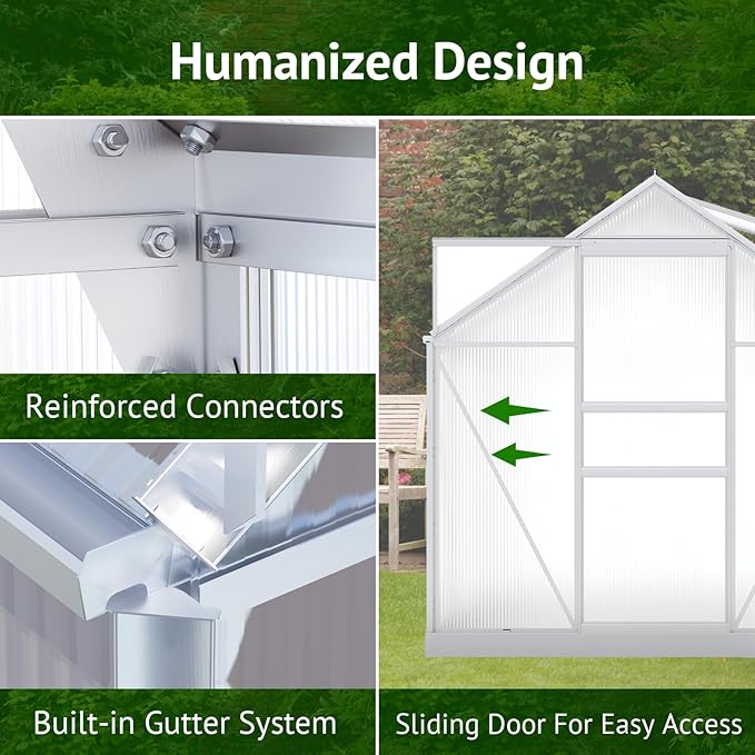 10x6ft Polycarbonate Greenhouse, Heavy Duty Walk-in Aluminum Greenhouse for Outdoors, with Ventilation Window, Sliding Door, Rain Gutter, Green House for Plants Backyard Silver