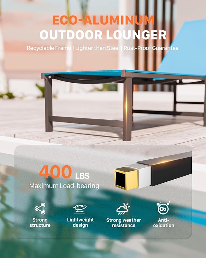 Chaise Lounge Chair Outdoor,Aluminum Patio Lounge Chairs,Lounge Chairs with 5 Adjustable Backrest and Headrest Pillows for Outside Beach,Blue