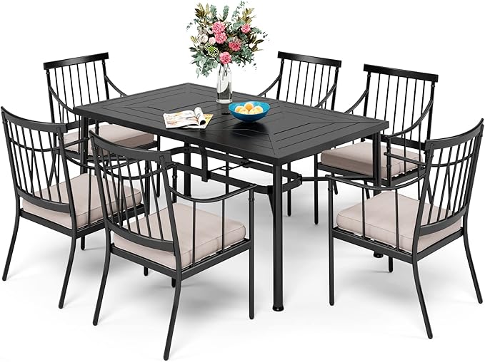 Sophia & William 7 Pieces Metal Patio Dining Set, Rectangle Outdoor Table of 1.77" Umbrella Hole and 6 Armchairs with Seat Cushions, Outdoor Conversation Furniture for Porch Backyard Balcony Deck