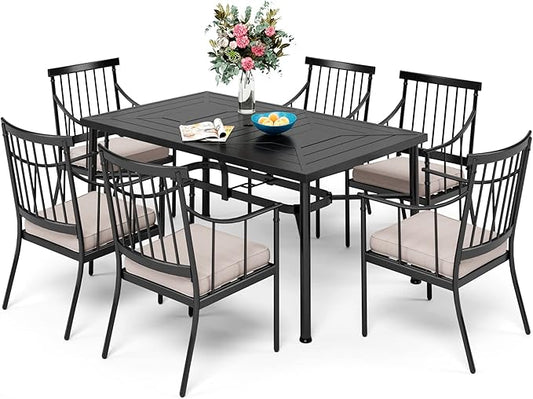 Sophia & William 7 Pieces Metal Patio Dining Set, Rectangle Outdoor Table of 1.77" Umbrella Hole and 6 Armchairs with Seat Cushions, Outdoor Conversation Furniture for Porch Backyard Balcony Deck