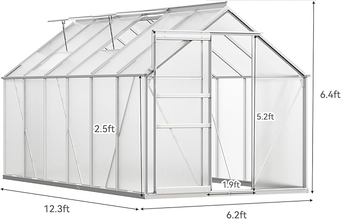YITAHOME 6X12FT Polycarbonate Greenhouse Large Heavy Duty Green Houses Outdoor Greenhouses Aluminum Sliding Doors Vent Window for Garden Backyard, Silver